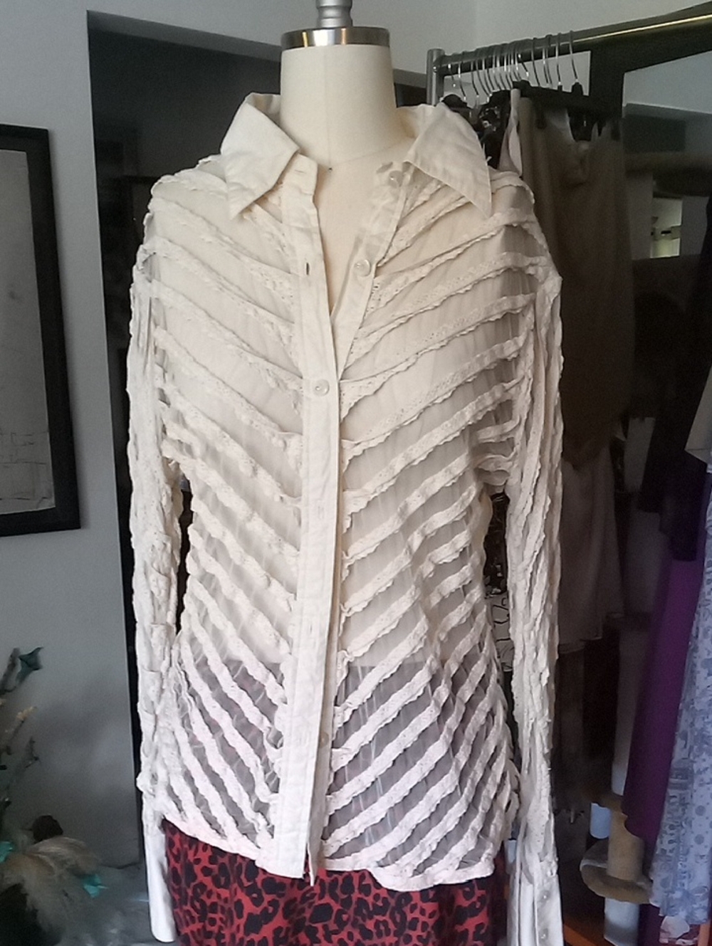 Zara Cream Textured Sheer Button-Up Blouse